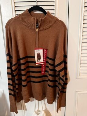 Dkny Brown and Black Striped Zip-Up Sweater